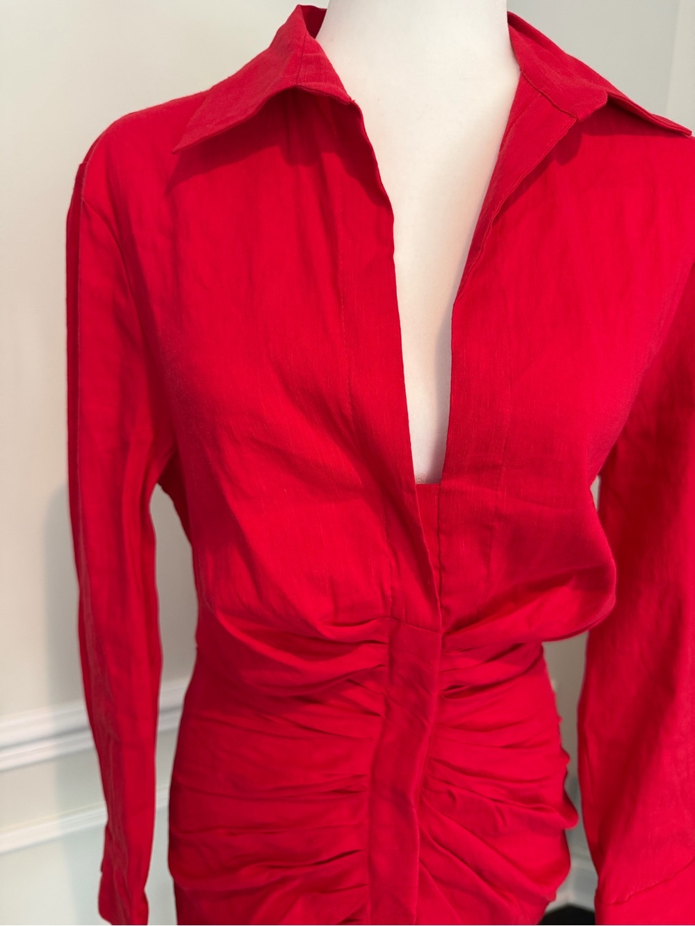 Zara Red Ruched Mini Shirt Dress - Picture 2 of 5